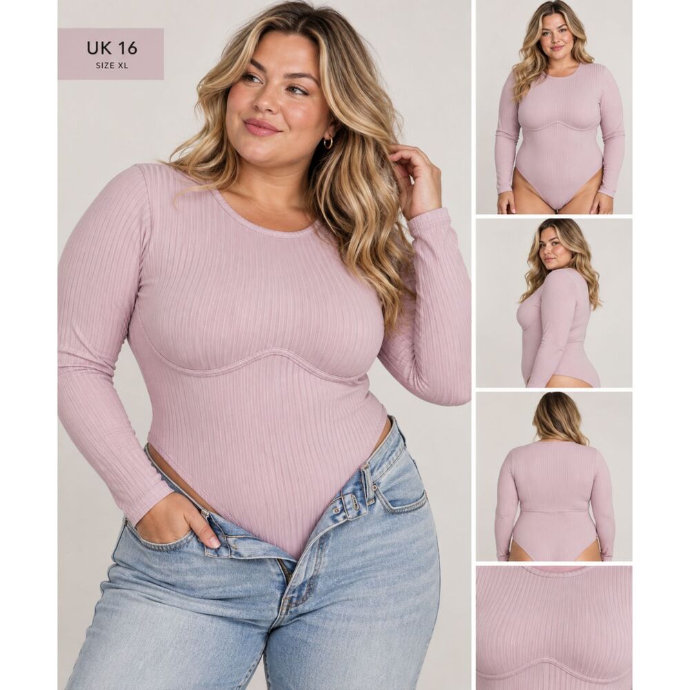 PrettyLittleThing Lilac Ribbed Underbust Bodysuit Long Sleeve Sz 16 US12 NWT
